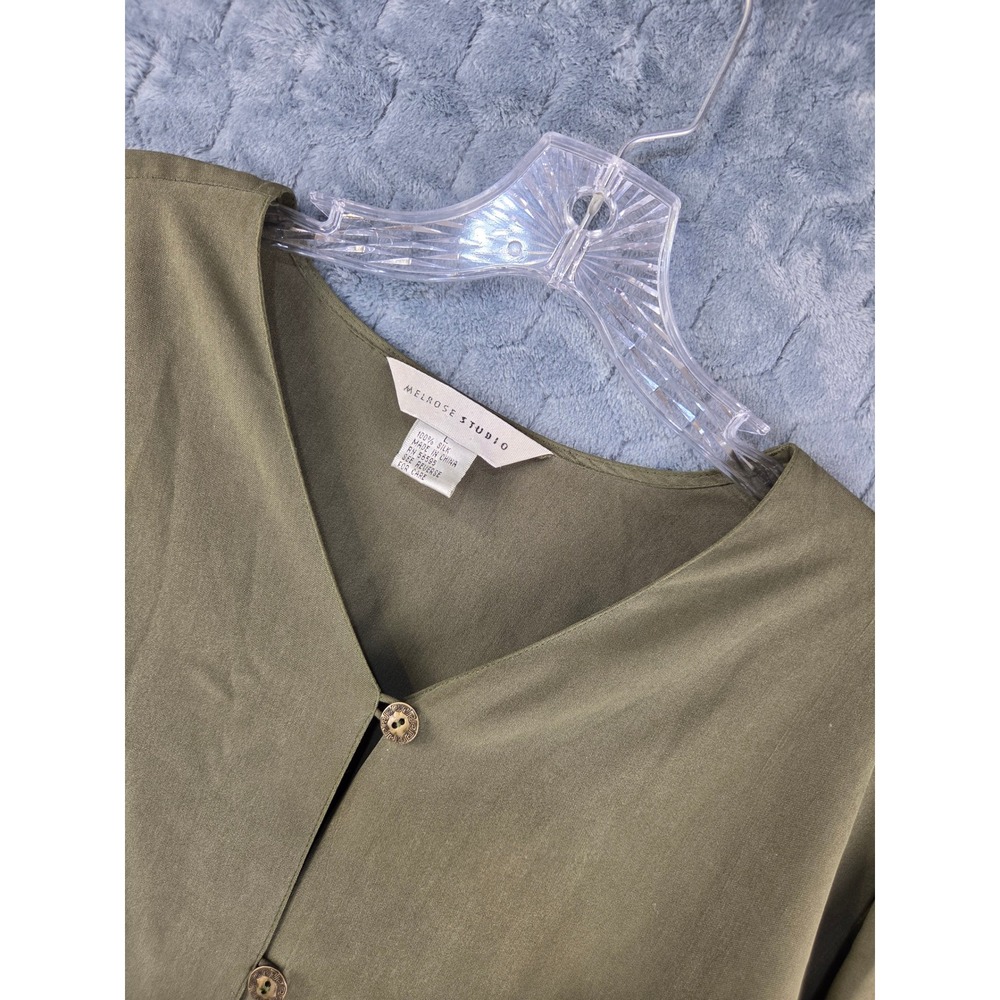 Melrose Studio Olive Green 100% Silk Button Down V-Neck Blouse Large L
